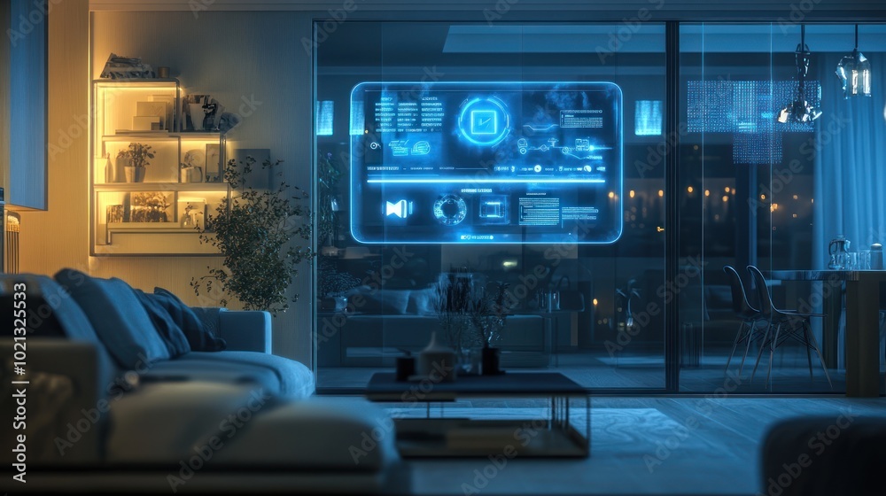A modern living room with a digital interface displayed on a glass wall at night. A modern living room with a digital interface displayed on a glass wall at night.