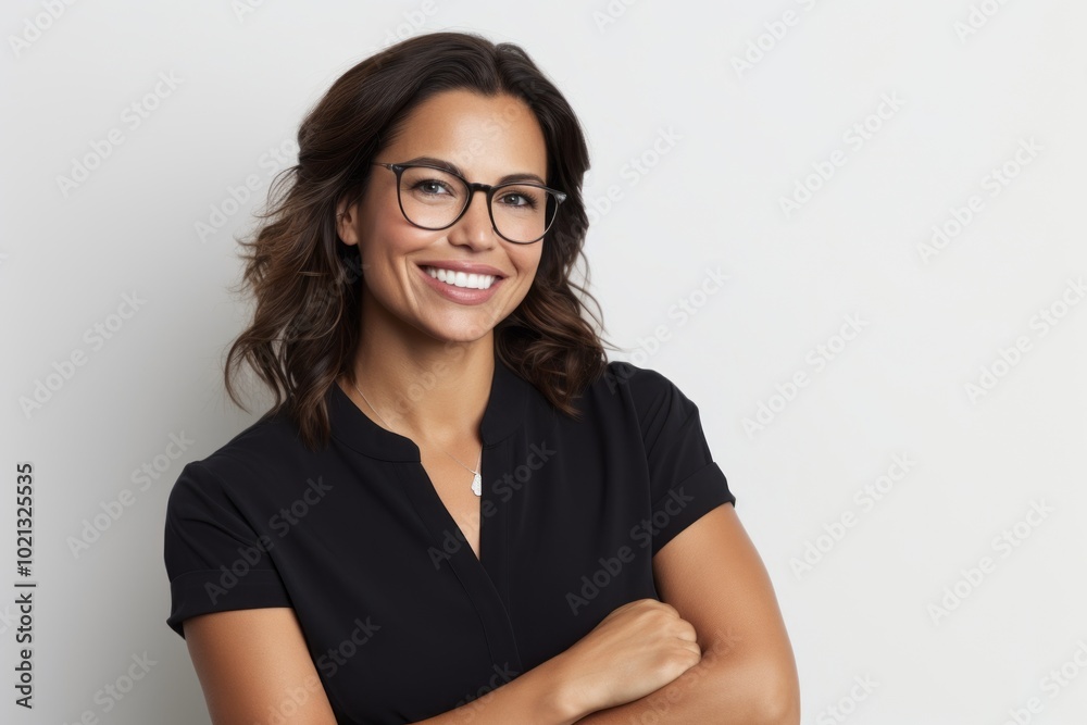 Portrait of happy smiling businesswoman in eyeglasses looking at camera Portrait of happy smiling businesswoman in eyeglasses looking at camera