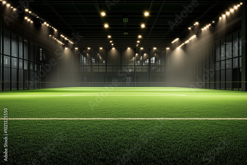 Universal grass stadium illuminated with spotlights, empty green playground in a digital 3D background, grand sport building illustration for advertisement.