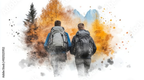 Watercolor Abstract of Hikers in Mountain Landscape