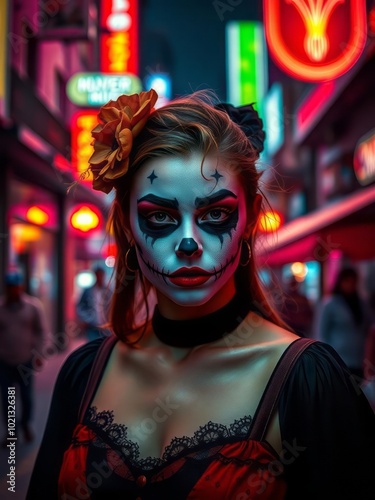 A young woman with bold halloween makeup poses against a colorful urban night backdrop halloween backdrop