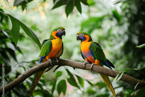 Parrots in a Rainforest: A pair of brightly colored parrots perched on a tree branch in a lush, green rainforest