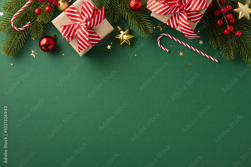 Obraz premium Top view of Christmas decorations with gifts, candy canes, and ornaments on a green background creating a festive holiday atmosphere