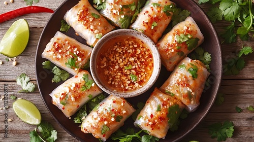 A beautifully arranged top-down view of a plate of Goi Cuon salad rolls, with a dipping sauce bowl in the center, sprinkled with crushed peanuts and garnished with fresh cilantro leaves. photo