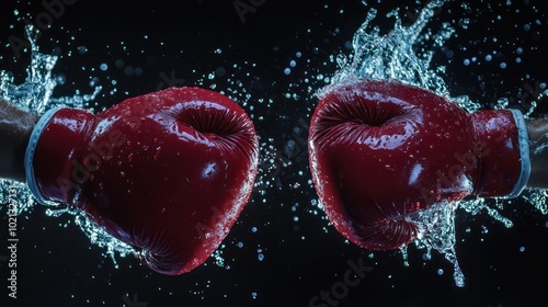 Two red boxing gloves colliding, splashing water, symbolizing intensity in sports. photo