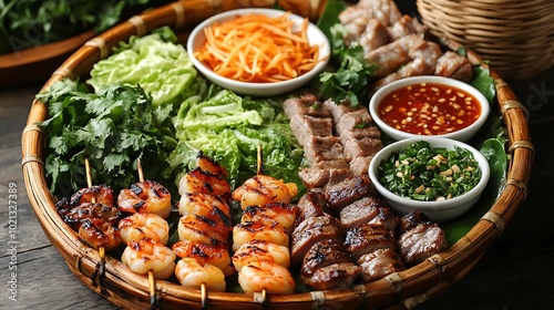 A beautifully arranged top-down view of a Vietnamese BBQ platter, featuring skewers of grilled shrimp, pork, and beef, served with small bowls of dipping sauces, fresh lettuce wraps, and herbs.