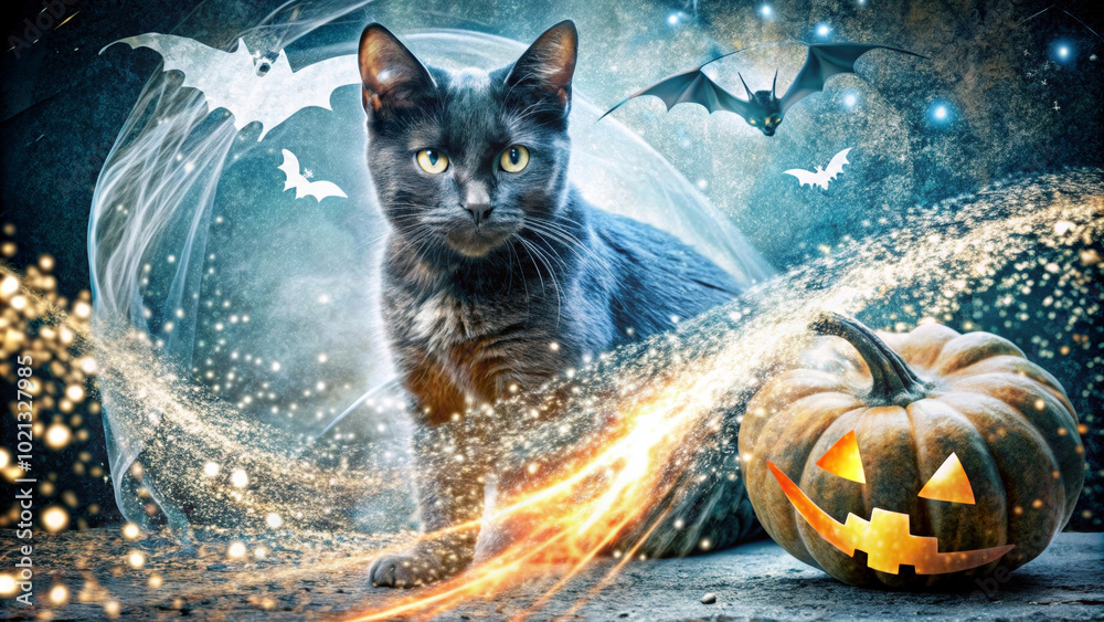 Obraz premium A black cat sits next to a carved pumpkin, surrounded by swirling magical lights and bats flying in the night sky. The scene evokes a mystical and spooky Halloween atmosphere. AI generated.