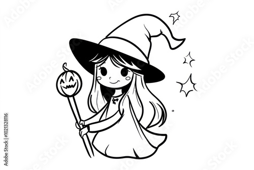 Witch, coloring page for kids, line art, black and white. photo