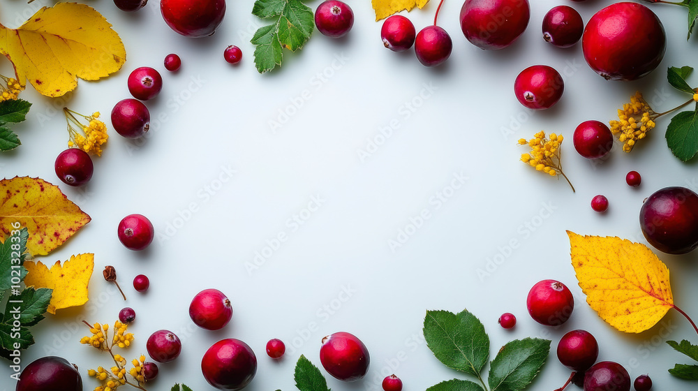 Cranberries and autumn leaves frame a white background, creating a vibrant seasonal border with green leaves and yellow accents. Perfect for fall-themed designs.