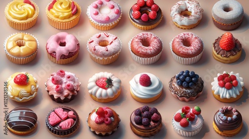 A colorful selection of decorated cupcakes and small pastries, showcasing diverse toppings and vibrant designs on a neutral background.