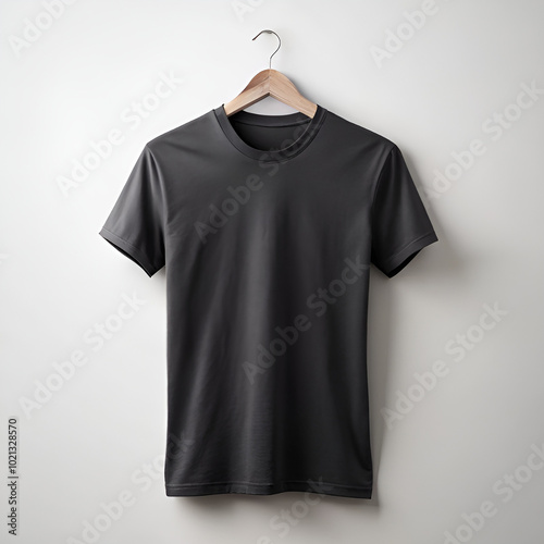 a black mockup t-shirt hangs on a hanger with a white background. 