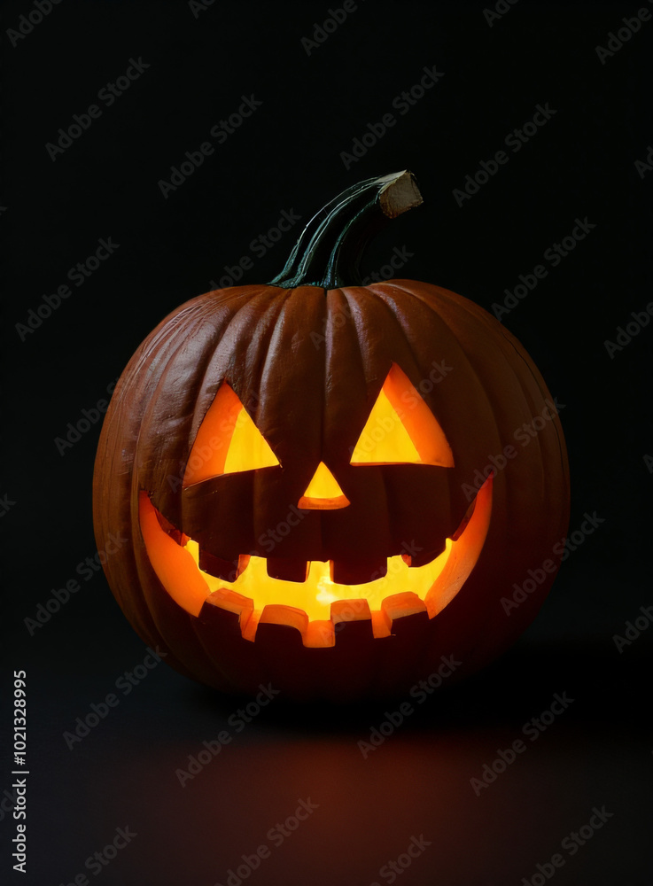 A traditional jack o lantern sits alone on a dark, black background._00003_ A traditional jack o lantern sits alone on a dark, black background._00003_
