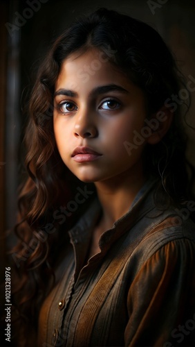 A young girl with long, curly hair gazes intently, illuminated by soft light that highlights her features and enhances the vintage atmosphere around her. Generative AI