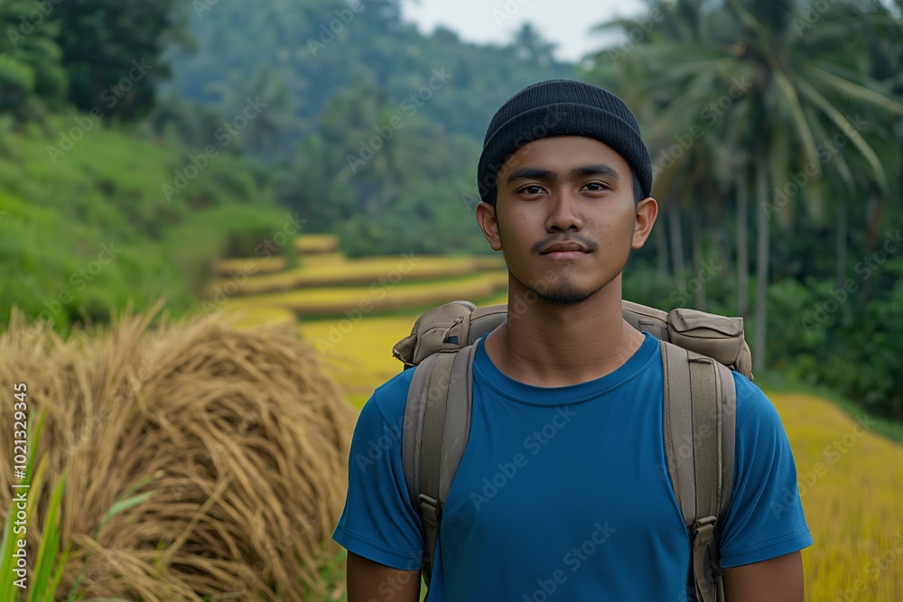 Man wearing a blue shirt and a black hat is standing in a field. He is smiling and he is enjoying the outdoors Man wearing a blue shirt and a black hat is standing in a field. He is smiling and he is enjoying the outdoors