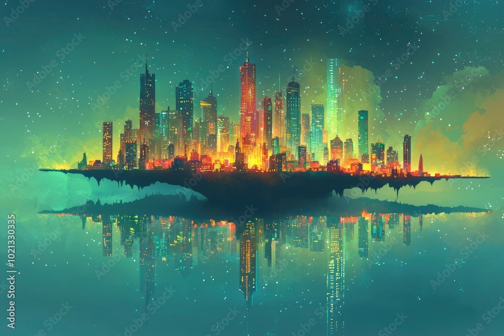 A Floating Cityscape Reflected in a Starry Sky A Floating Cityscape Reflected in a Starry Sky