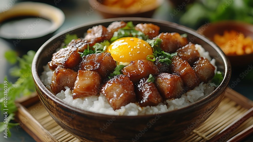 A captivating side-angle shot of a Thit Kho bowl placed on a traditional bamboo tray, featuring caramelized pork belly and eggs braised in coconut juice, served over a bed of steamed white rice. A captivating side-angle shot of a Thit Kho bowl placed on a traditional bamboo tray, featuring caramelized pork belly and eggs braised in coconut juice, served over a bed of steamed white rice.