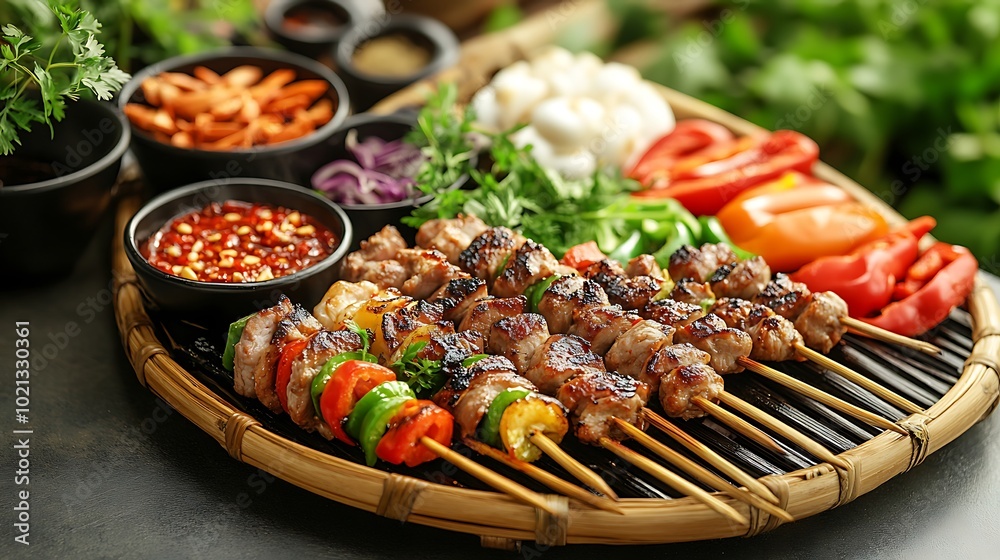 A captivating side-angle shot of a Vietnamese BBQ spread placed on a traditional bamboo tray, featuring sizzling marinated meats, seafood skewers, and vegetables like bell peppers and mushrooms, A captivating side-angle shot of a Vietnamese BBQ spread placed on a traditional bamboo tray, featuring sizzling marinated meats, seafood skewers, and vegetables like bell peppers and mushrooms,