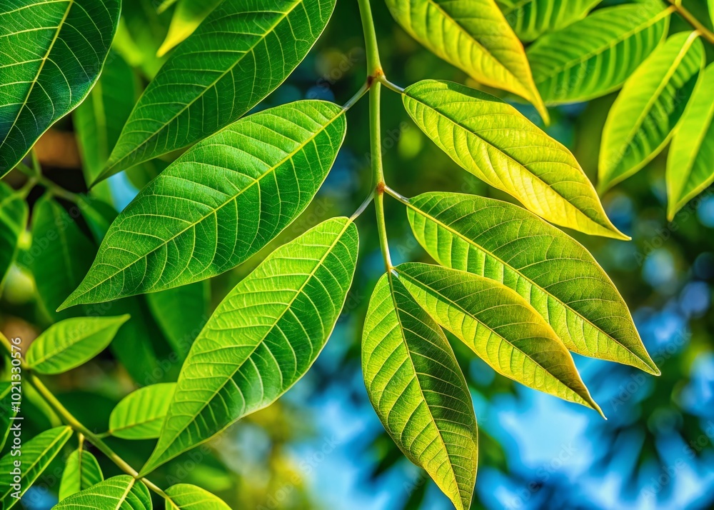 Detailed Close-Up of Pecan Tree Leaves Showcasing Unique Shapes and Vibrant Green Coloration Detailed Close-Up of Pecan Tree Leaves Showcasing Unique Shapes and Vibrant Green Coloration