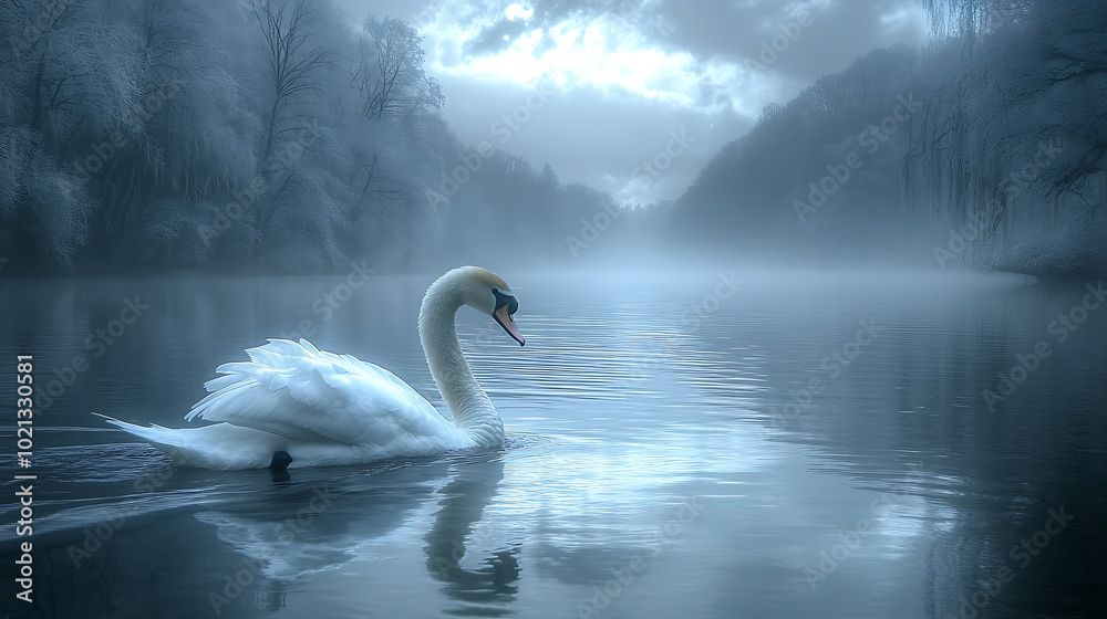 Fototapeta premium Mute swan gracefully swimming on a river captured with moonlight under a stormy sky