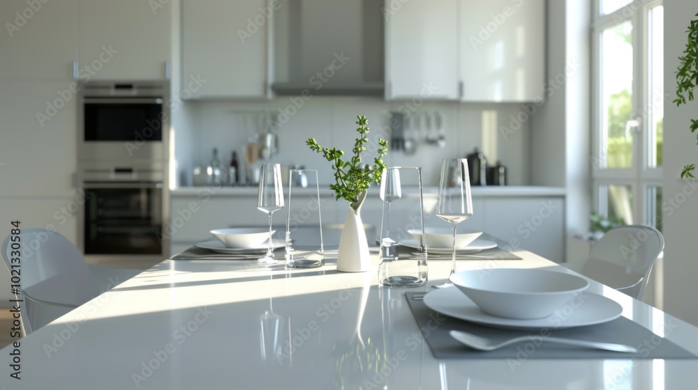 Modern Kitchen Interior with White Cabinets and Dining Table Modern Kitchen Interior with White Cabinets and Dining Table