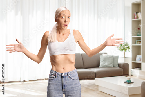 Confused skinny woman in jeans and crop top standing at home photo