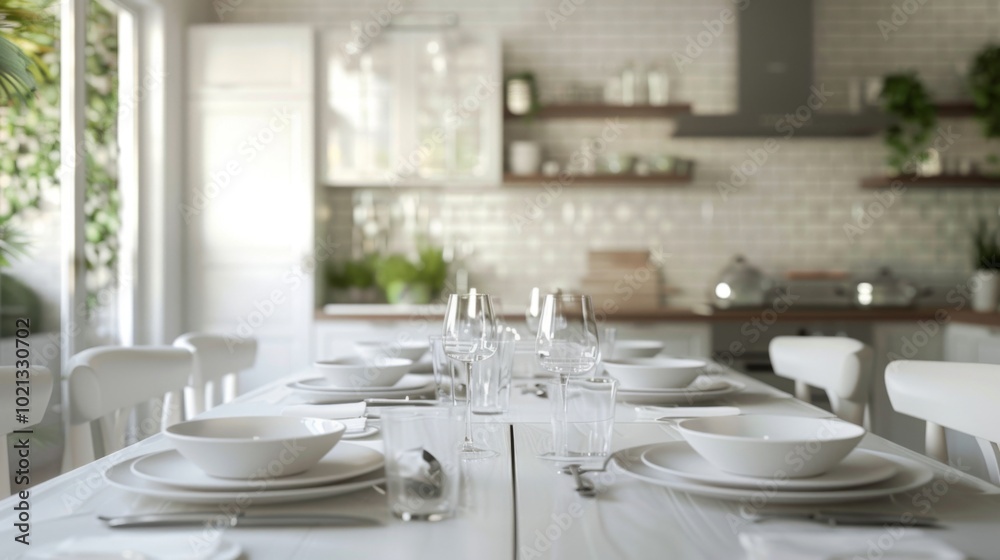 Fototapeta premium Modern Kitchen Interior Design with White Dining Table and Chairs
