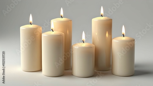 Five burning white candles on a light gray background.