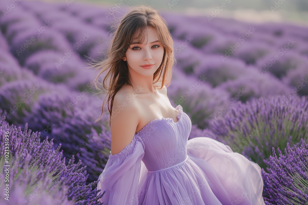 Woman in a purple dress is standing in a field of lavender flowers. Concept of serenity and beauty, as the woman is enjoying the peaceful surroundings Woman in a purple dress is standing in a field of lavender flowers. Concept of serenity and beauty, as the woman is enjoying the peaceful surroundings