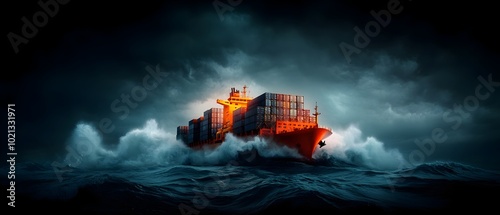 A massive towering freighter laden with row upon row of massive shipping containers traverses the vast rolling waves of the open ocean photo