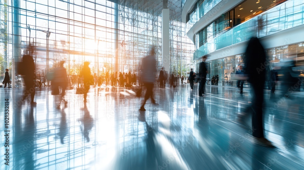 Fototapeta premium A busy modern atrium filled with people in motion, emphasizing a dynamic urban environment.