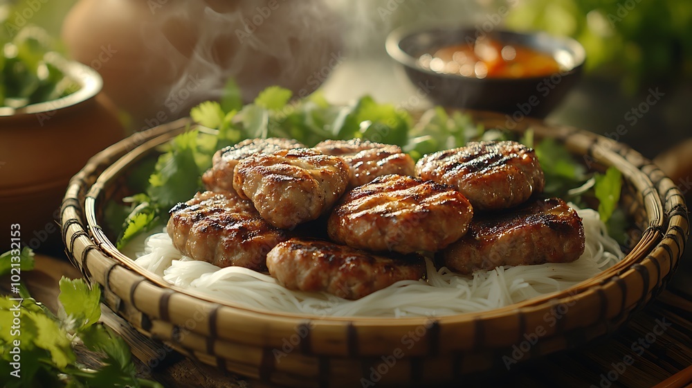 A cinematic shot of a Bun Cha dish, with grilled pork patties stacked on top of a bed of fresh vermicelli noodles, surrounded by fresh herbs and a bowl of dipping sauce.