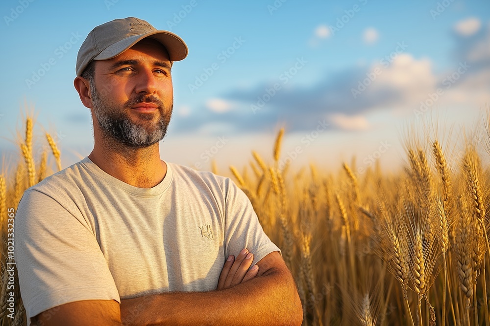 Man wearing a hat and a white shirt stands in a field of wheat. He is looking off into the distance Man wearing a hat and a white shirt stands in a field of wheat. He is looking off into the distance