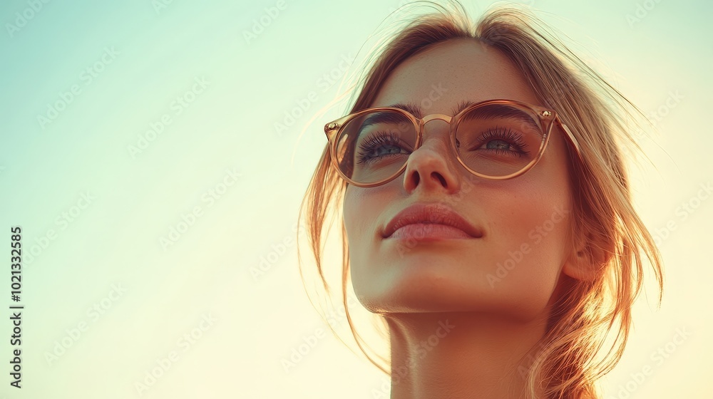 Modern Urban Woman with Highlighted Hair in Cinematic High Contrast Isolated Product Photography Style against Clear Sky