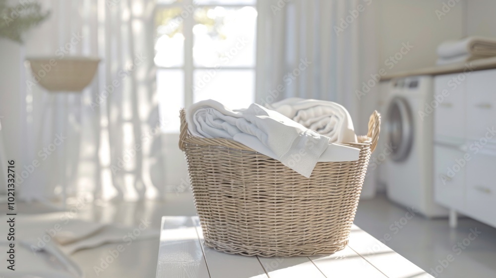 Laundry Basket with Folded Clothes in a Bright Laundry Room Laundry Basket with Folded Clothes in a Bright Laundry Room