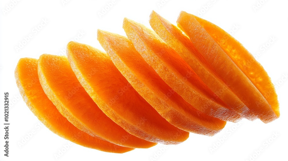 Freshly sliced carrot isolated on a white background. The carrot is neatly cut into thin, even slices, showcasing its vibrant orange color and crisp texture. The image is sharply focused Freshly sliced carrot isolated on a white background. The carrot is neatly cut into thin, even slices, showcasing its vibrant orange color and crisp texture. The image is sharply focused