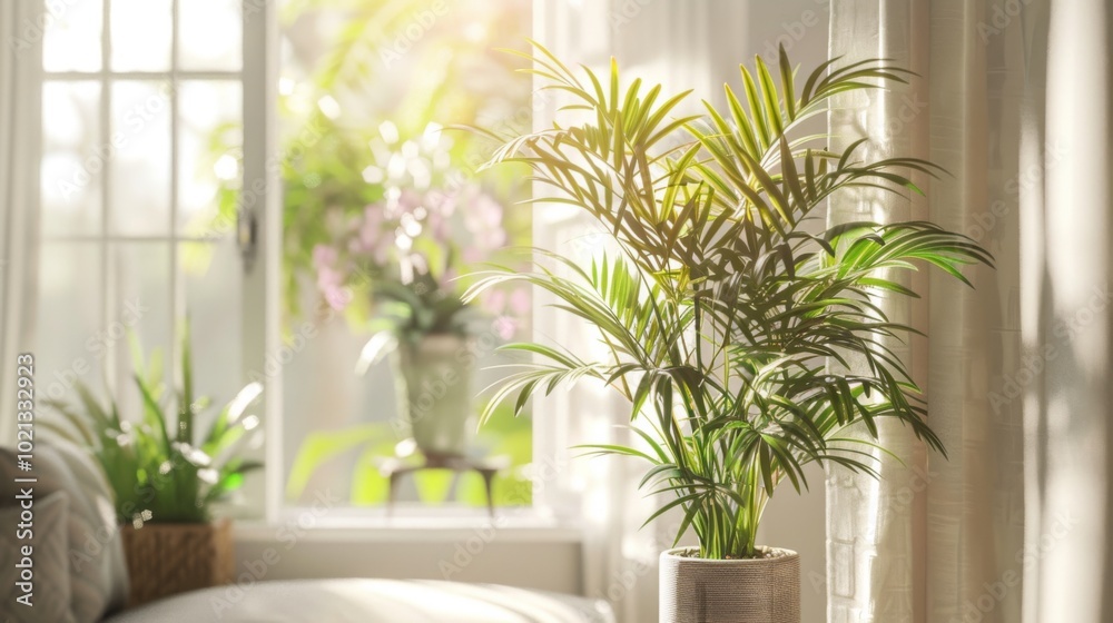 Green Plant in a Pot by a Window with Sunlight Green Plant in a Pot by a Window with Sunlight