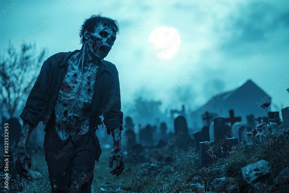 Fototapeta premium Zombie walking in cemetery under full moon, horror scene