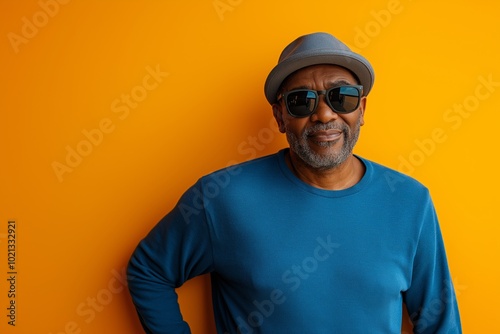 Man wearing a blue shirt and a hat is smiling at the camera. He is wearing sunglasses and has a beard