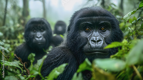 Gorillas hide discreetly among the leaves in a dense, tropical African forest. The lush greenery provides perfect camouflage for these powerful yet gentle creatures.