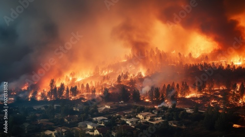 Devastating wildfire engulfs a town, with flames consuming the landscape, raising urgent concerns about climate change and its impact.