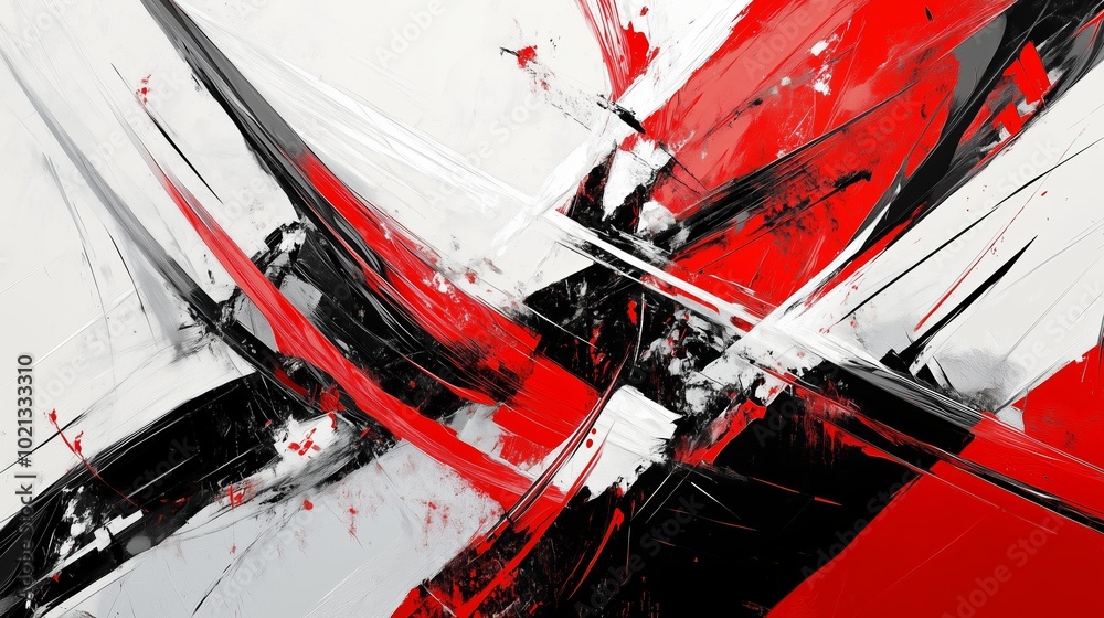 Naklejka premium Dynamic abstract art with bold reds and blacks showcasing energetic brush strokes and powerful contrasts in contemporary style