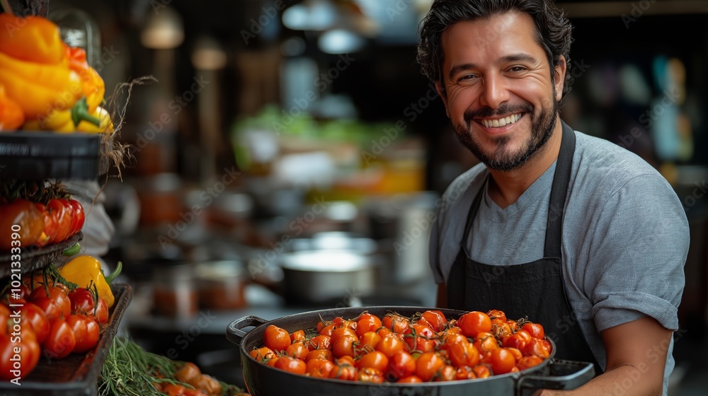 Man is smiling and holding a basket of tomatoes. He is in a kitchen with many pots and pans Man is smiling and holding a basket of tomatoes. He is in a kitchen with many pots and pans