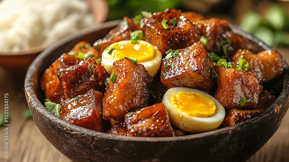 A close-up photograph of a traditional Vietnamese Thit Kho dish, showcasing tender caramelized pork belly and soft-boiled eggs braised in a rich coconut juice sauce. A close-up photograph of a traditional Vietnamese Thit Kho dish, showcasing tender caramelized pork belly and soft-boiled eggs braised in a rich coconut juice sauce.