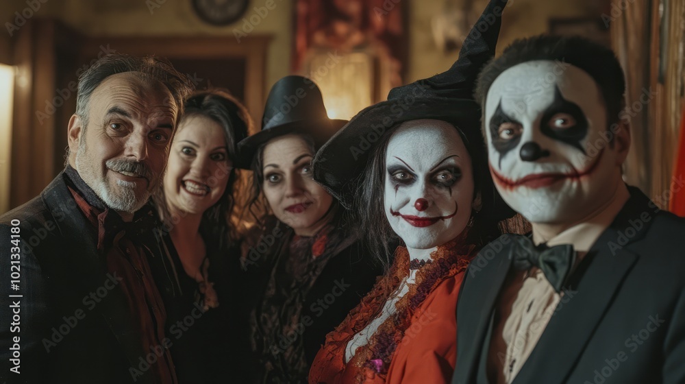 Obraz premium Adult friends having fun at Halloween party. Group shot of happy people dressed up in spooky costumes of witch, devil, clown, corpse bride and vampire standing together, looking at camera and smiling