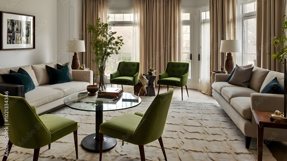 Unique layout of a combined living and dining area, showcasing a round table with green chairs, contemporary sofa, coffee table, soft beige rug, flowing curtains, and a vase filled with leaves. Unique layout of a combined living and dining area, showcasing a round table with green chairs, contemporary sofa, coffee table, soft beige rug, flowing curtains, and a vase filled with leaves.