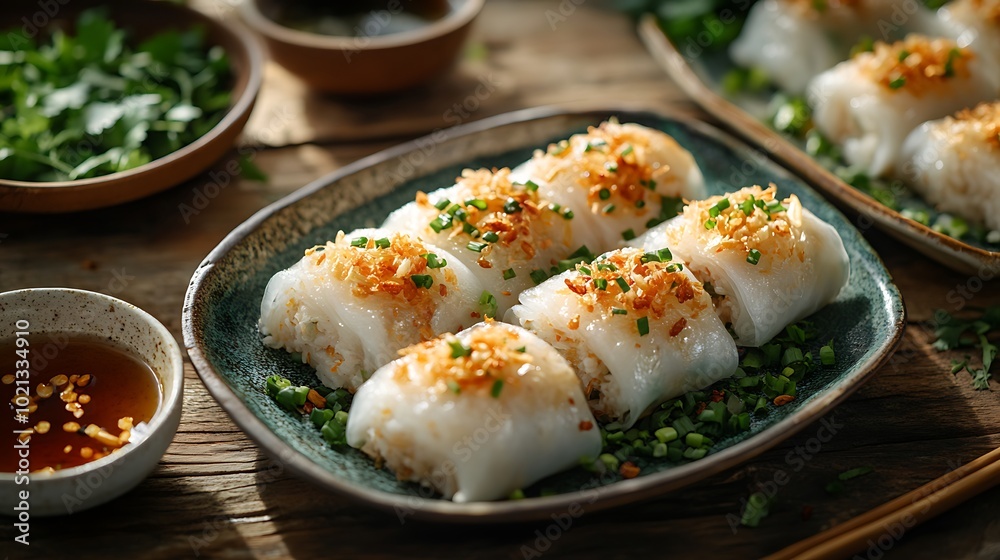 A close-up photograph of traditional Vietnamese Banh Cuon, showcasing delicate steamed rice rolls filled with minced pork and mushrooms, topped with golden fried shallots and chopped green onions. A close-up photograph of traditional Vietnamese Banh Cuon, showcasing delicate steamed rice rolls filled with minced pork and mushrooms, topped with golden fried shallots and chopped green onions.