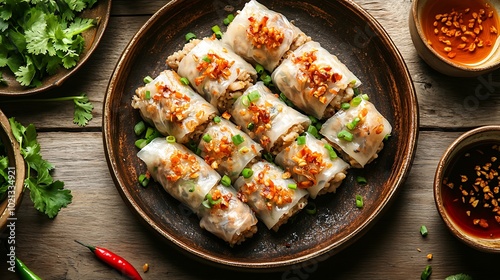 A close-up photograph of traditional Vietnamese Banh Cuon, showcasing delicate steamed rice rolls filled with minced pork and mushrooms, topped with golden fried shallots and chopped green onions. photo