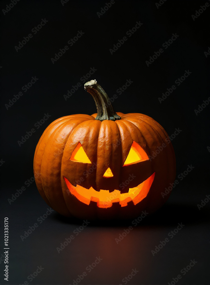 A traditional jack o lantern sits alone on a dark, black background._00001_