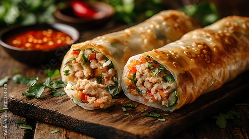 A close-up photograph of Vietnamese Cha Gio spring rolls, highlighting the crispy, golden-brown texture and the vibrant filling of minced pork and vegetables spilling out of one cut-open roll. photo