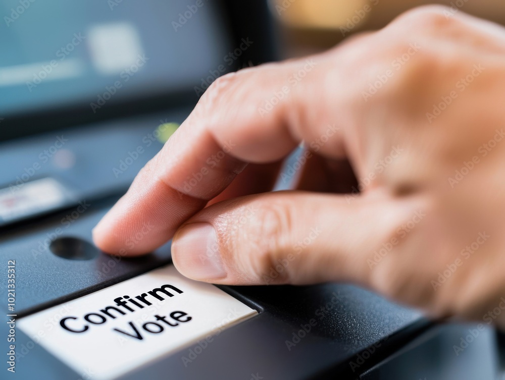 Hand pressing the confirm vote button on a voting machine.